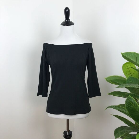 Soft surroundings black ribbed knit off shoulder top - Picture 1 of 5